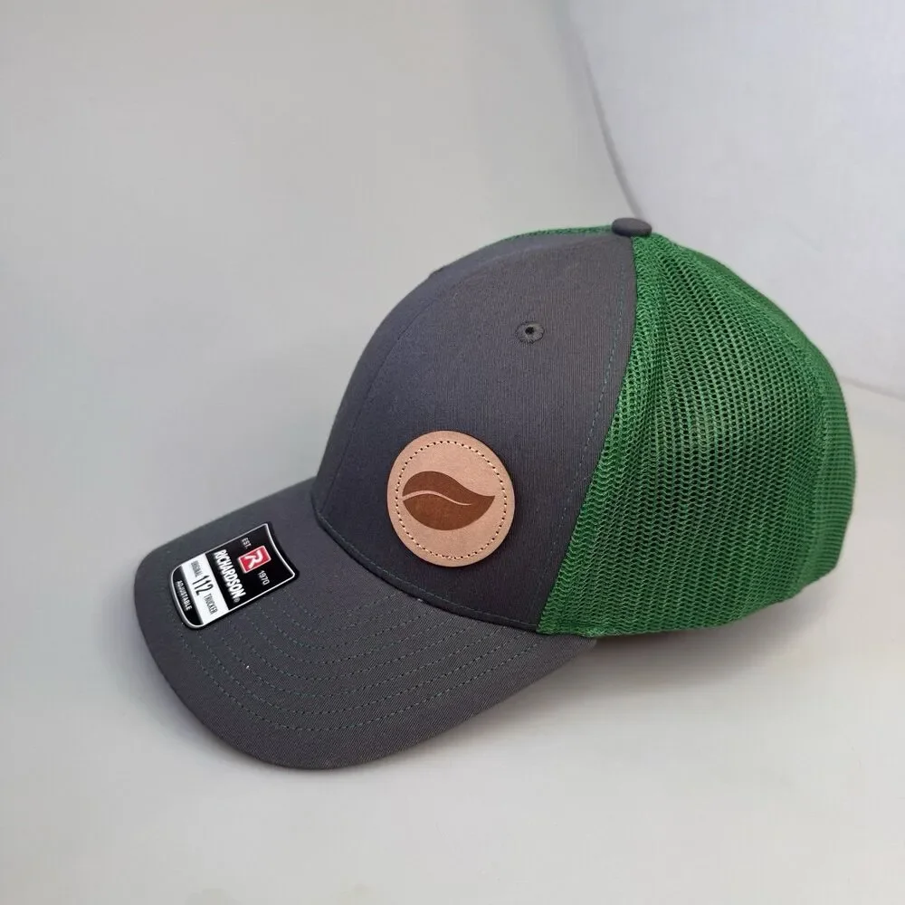 Richardson 112 Trucker Hat Leaf Logo Leather Patch Charcoal Green Snapback NEW